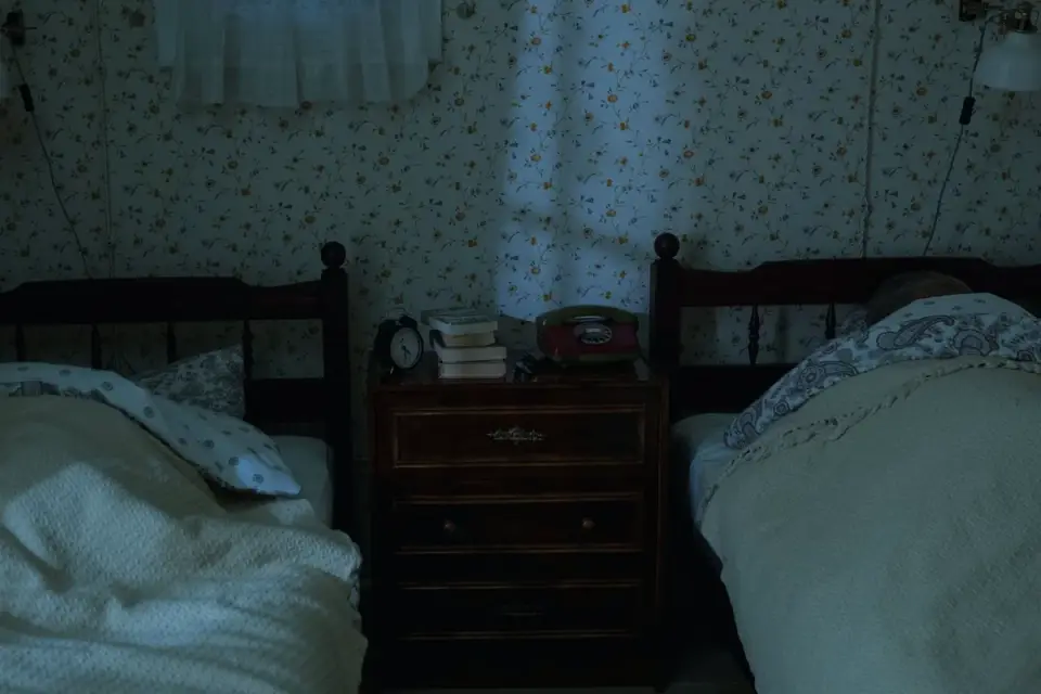 A covered dog crate positioned beside a bed in a dimly lit bedroom