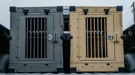 A dog resting inside a secured travel crate in the back of an SUV