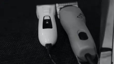 Dog nail clippers and a cordless nail grinder placed side by side on a grooming table